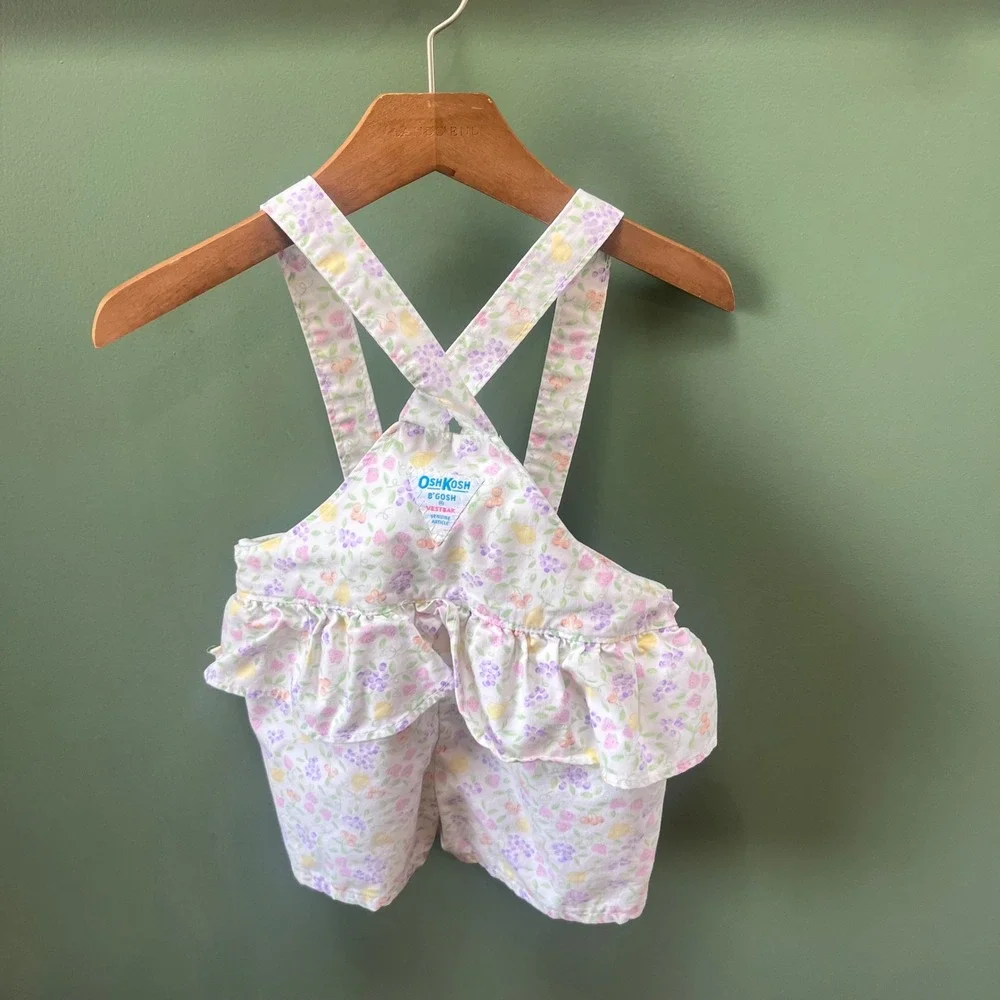 Rare Vintage OshKosh Bgosh Girls‎ 3T Fruit Print Ruffle Vestbak Shortalls  USA
